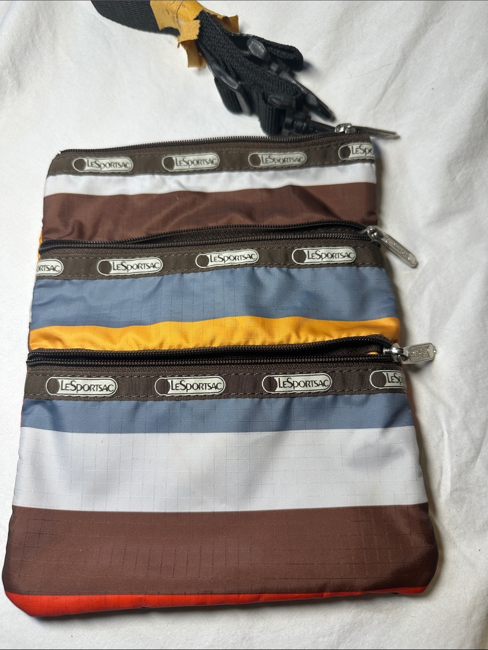 LeSportsac Striped Triple-Zip Crossbody in Brown, Blue & Yellow